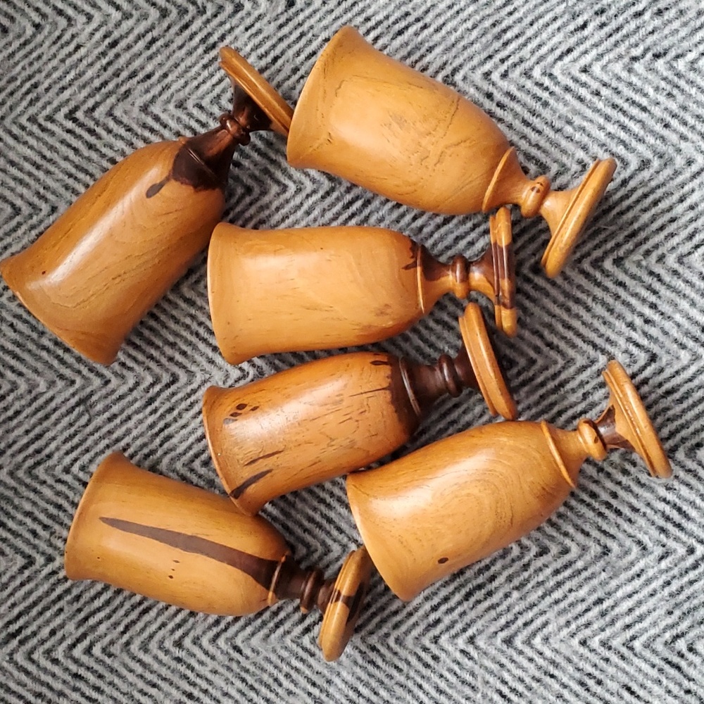 VTG MCM Teak Wood Goblets Set of 6 – Handmade Barware